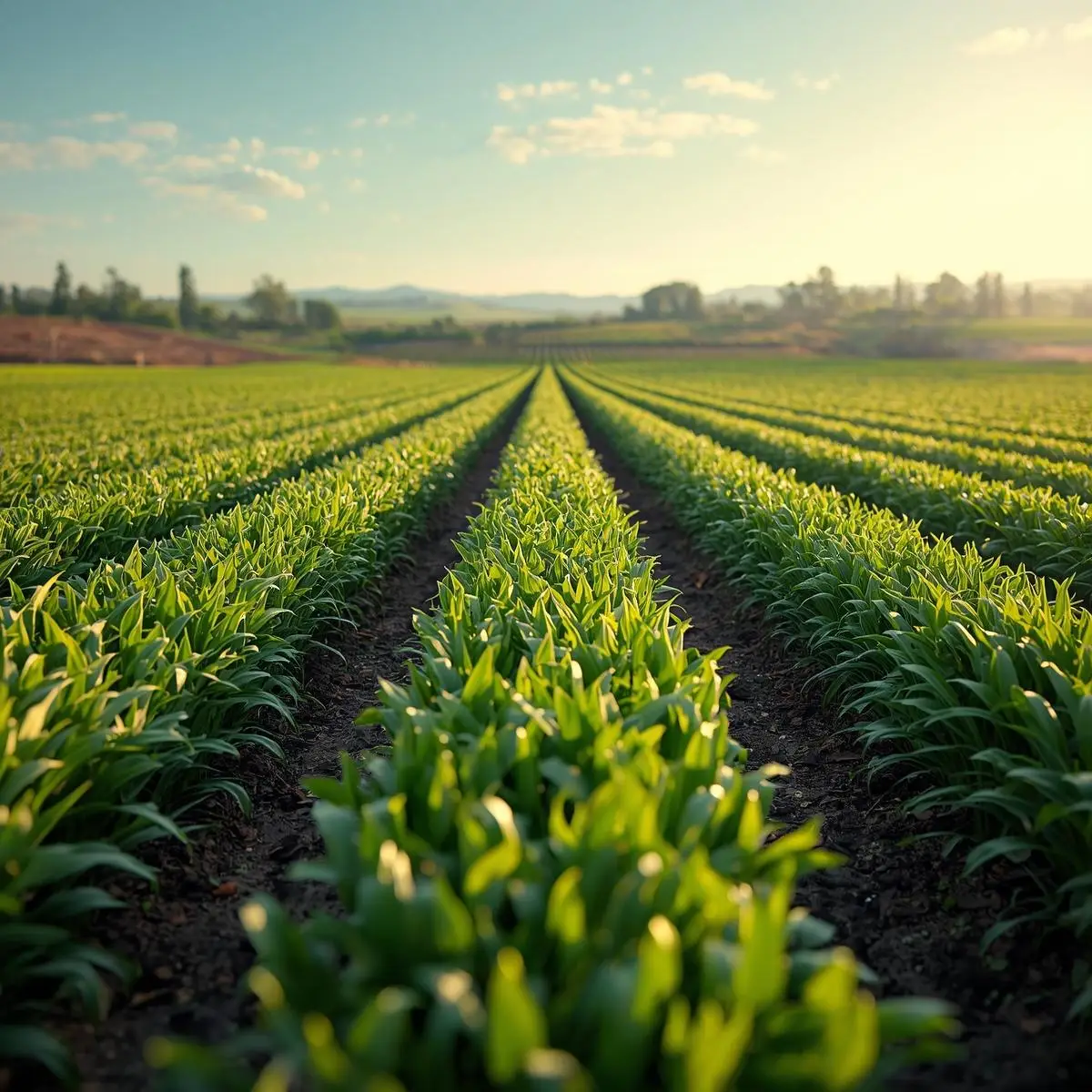 endless lush farmland with organized rows of green crops, ultra realistic, cinematic lighting at golden hour, detailed close up perspective with rich textures of plants and soil, soft sunlight beams breaking (3)